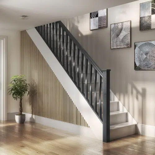 Acoustic slat wall panelling on stairs