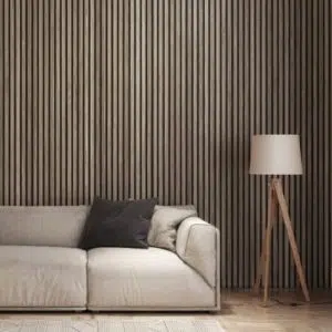 Acoustic slat wall panelling with lamp and sofa