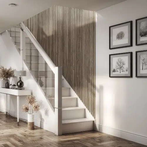 Acoustic slat wall panels in stairs